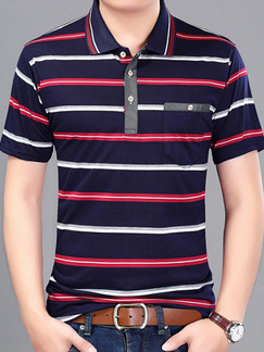 Blue Red and White Plus Size Polo Placket Front Knitted Stripe Men Shirt for Casual Office