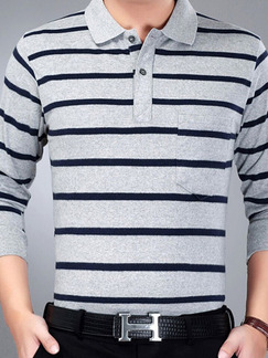 Grey and White Plus Size Polo Placket Front Knitted Stripe Men Shirt for Casual Office