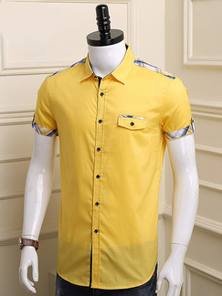 Yellow Plus Size Shirt Cardigan Contrast Linking Lattice Bottom Up Men Shirt for Casual Party