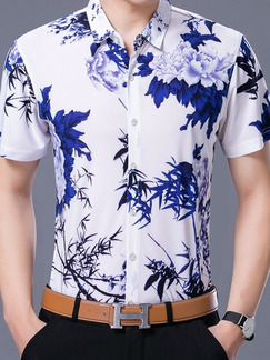 White and Blue Plus Size Shirt Slim Printed Button Up Men Shirt for Casual Office