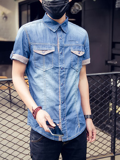 Blue Shirt Cardigan Denim Grid Linking Contrast Plus Size Bottom Up Men Shirt for Casual