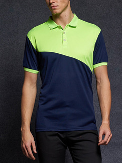 Blue and Green Plus Size Polo Placket Front Knitted Mesh Contrast Linking Men Shirt for Casual