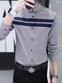 Blue and White Plus Size Shirt Cardigan Grid Linking Contrast Bottom Up Long Sleeve Men Shirt for Casual Office
