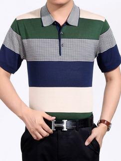 Colorful Plus Size Polo Placket Front Knitted Contrast Stripe Men Shirt for Casual Office