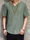 Green Plus Size Loose V Neck Linking Embroidery Arc Hem Men Tshirt for Casual
