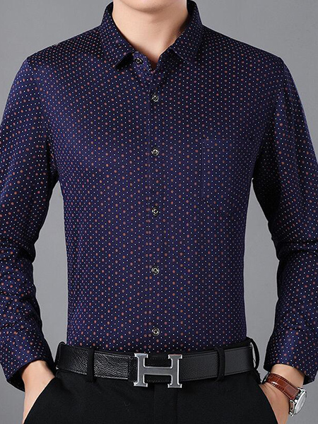 Navy Blue Slim Floral Wave Point Plus Size Long Sleeve Men Shirt for Casual Office Evening