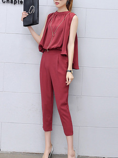 Red Stand Collar Loose Zipped Plus Size Two Piece Pants Jumpsuit for Casual Party Office