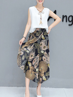 White Colorful Chiffon Two-Piece Printed Contrast Asymmetrical Hem Pants Plus Size Jumpsuit for Casual Party