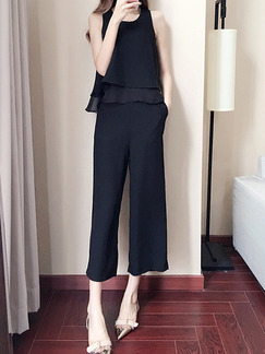 Black Chiffon Two-Piece Slim Ruffled Round Neck Pants Wide leg Jumpsuit for Casual Party Evening Office
