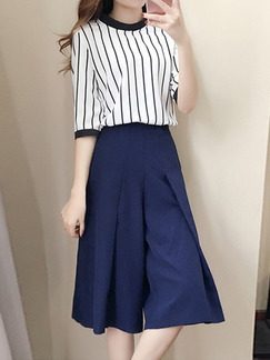 Blue and White Plus Size Stand Collar Slim Stripe Two-Piece Contrast Shorts Wide leg  Jumpsuit for Casual Party