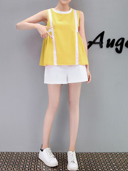 Yellow and White Plus Size Loose Contrast Linking Two-Piece Pleated Shorts Wide Leg Jumpsuit for Casual