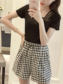 Black and White Irregular Neck Buckled Slim T-shirt Grid Drawstring Wide Leg Shorts Contrast Jumpsuit for Casual Party