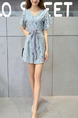 Haze Blue Slim Lace Band Siamese V Neck Shorts Jumpsuit for Casual Party