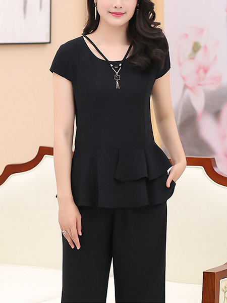 Black Plus Size Slim Ruffled Round Neck Hang Neck Adornment High Waist Pants Wide Leg Two Piece Jumpsuit for Casual Party Office