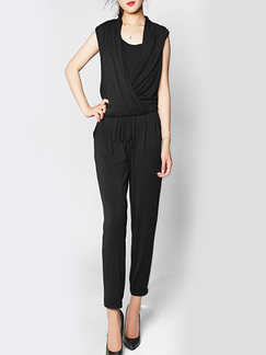 Black Round Neck Plus Size Tight Seem-Two Jumpsuit Adjustable Waist Drawstring Jumpsuit for Party Office Evening