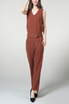 Brown Slim V Neck Zipped Adjustable Waist Band Belt Pocket  Jumpsuit for Casual Party Office