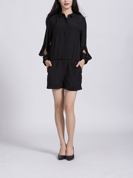 Black Long Sleeves Collared Romper Jumpsuit for Casual Party