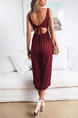 Wine Red Slim Open Back Wide-Leg Pants V Neck Jumpsuit for Casual Party Evening