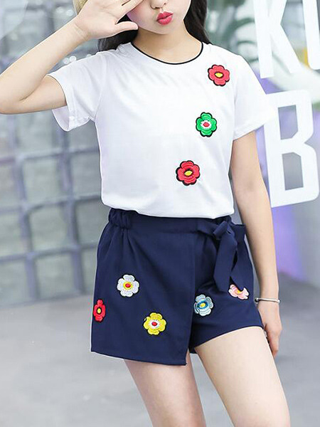White and Navy Blue Slim Embroidery Flowers Two-Piece Girl Jumpsuit for Casual Party
