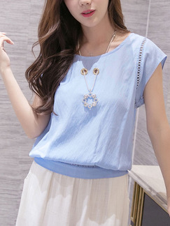 Blue Plus Size Loose Round Neck Pleated Cutout Top for Casual