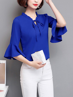 Blue Chiffon Slim Flare Sleeve Tie Ruffled Top for Casual Party Office Evening