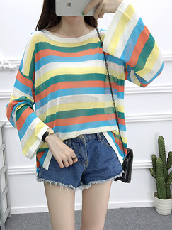 Colorful Knitting Loose Sun Protection Boat Neck Contrast Stripe Flare Sleeve Top for Casual Party Office