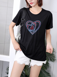 Black and Red Round Neck Printed Tee Top for Casual