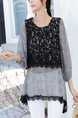 Black and Grey Round Neck Lace Long Sleeve Blouse Top for Casual Party Office