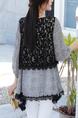 Black and Grey Round Neck Lace Long Sleeve Blouse Top for Casual Party Office