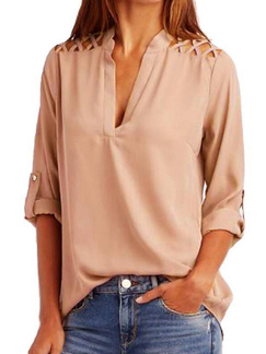 Pink Loose Plus Size Shirt V Neck Chiffon Blouse Long Sleeve Top for Casual Party