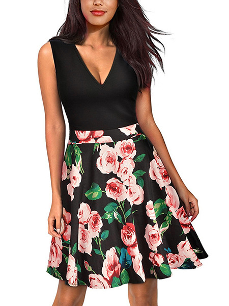 Black and Colorful Slim Linking Printed Above Knee Flare V Neck Floral Dress for Casual Party