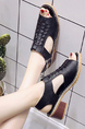 Black Leather Peep Toe Platform Ankle Strap Chunky Heels