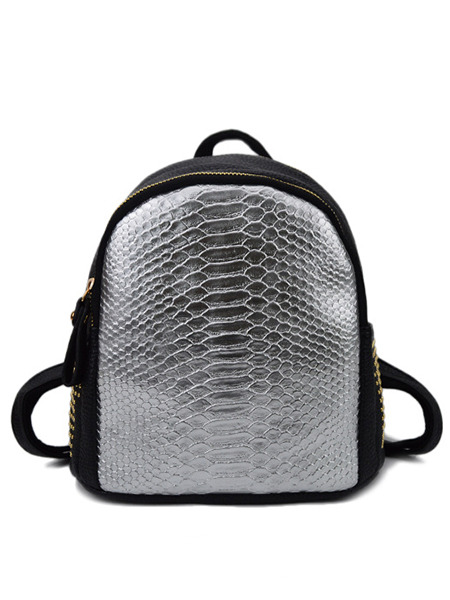 Silver Black Leatherette Metallic Backpack Bag