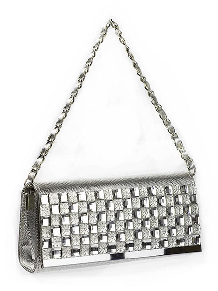 Silver Patent Leather Metallic Chain Handle Clutch Purse Shoulder Bag