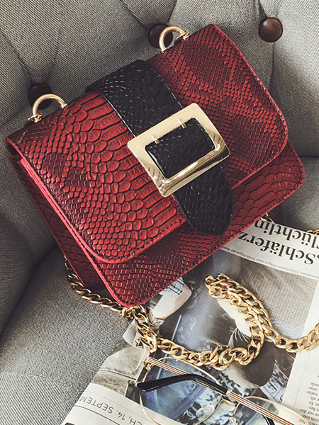 Black and Red Snakeskin Leatherette Chain Handle Shoulder Crossbody Satchel Bag