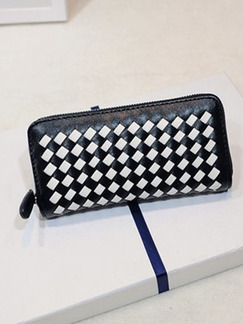 Black and White Leather Weaving Contrast Portable Zipper Wallet