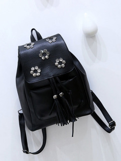 Black Leather Rivet Tassel Shoulders Backpack Bag