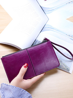 Purple Leather Zipper Portable Credit Card Photo Holder Long Wallet