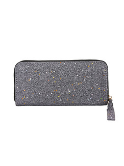 Gray Leather Stars Zipper Photo Holder Phope Holder Credit Card Long Wallet