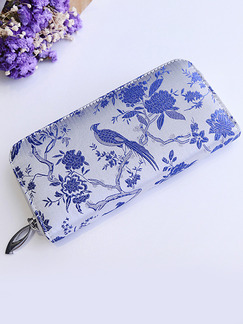 Blue Leather Embroidery Zipper Credit Card Long Wallet
