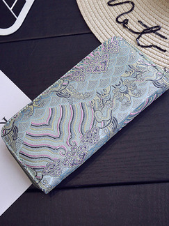 Water Blue Leather Embroidery Zipper Credit Card Long  Wallet