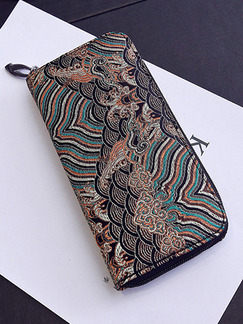 Coffee Leather Embroidery Zipper Credit Card Long  Wallet