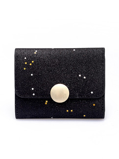 Black Leather Sequin Magnetic Button Credit Card Photo Holder Short Wallet