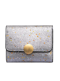 Slivery Leather Sequin Magnetic Button Credit Card Photo Holder Short Wallet