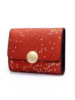 Red Leather Sequin Magnetic Button Credit Card Photo Holder Short Wallet