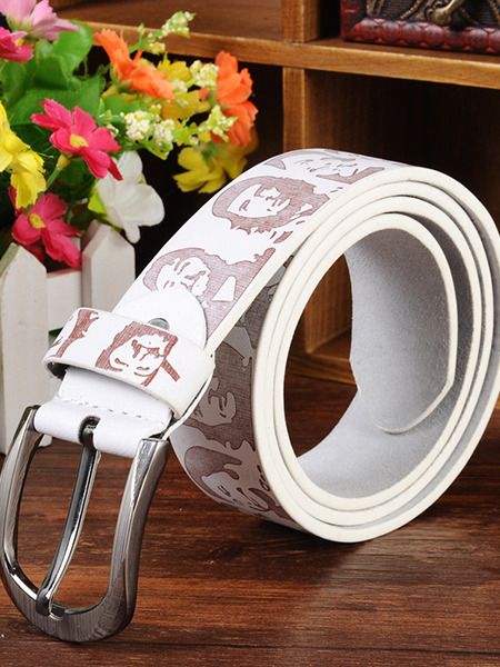 White Printed Single Pin Buckle Leather Men Belt