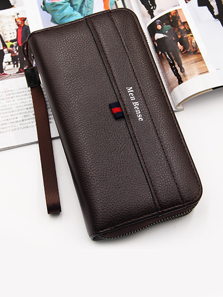 Dark Coffee Leatherette Credit Card Photo Holder Organizer Zip-Around Clutch Men Wallet