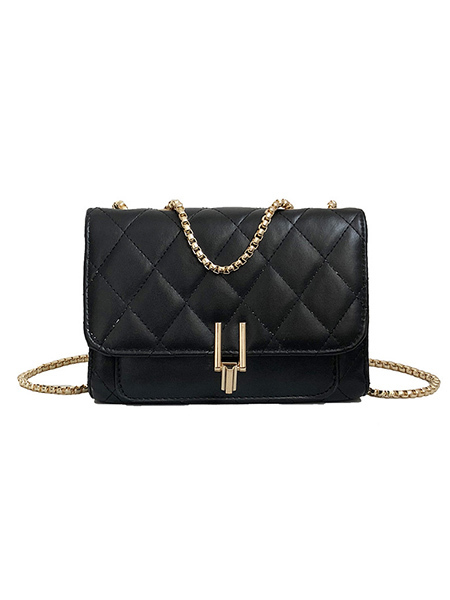 Black Leatherette Chain Handle Satchel Bag