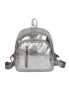 Silver Leather Crocodile Pattern Vertical Zipper Shoulders Metallic Backpack Women Bag