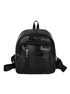 Black Leather Crocodile Pattern Vertical Zipper Shoulders Metallic Backpack Women Bag